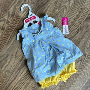 Penelope Mack Blue Dress with Yellow Daisy Print and Yellow Bloomers